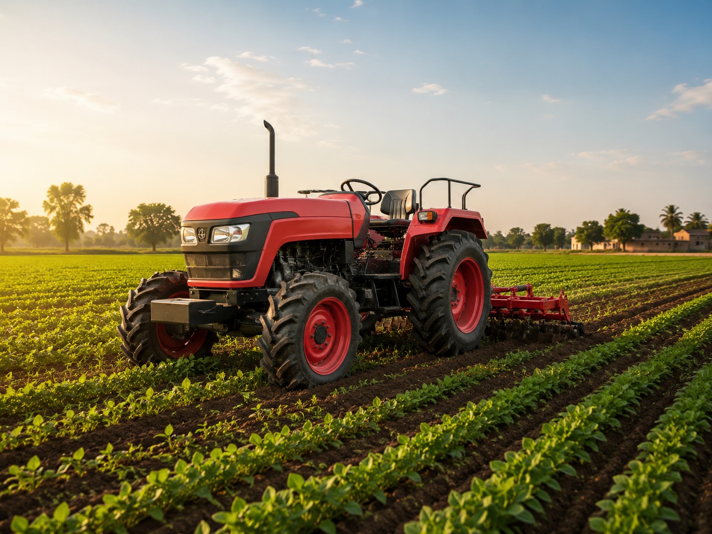 Red tractor working in a farm field at sunset